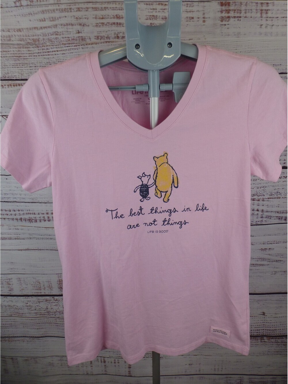 Life is Good Women's Small Pink Winnie the Pooh T-Shirt V-Neck "Best Things J5